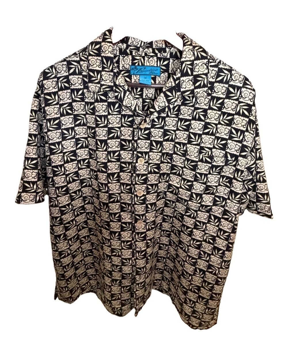Paradise Cove Mens M 100% Silk Hawaiian Shirt Black Cream Floral Camp Aloha